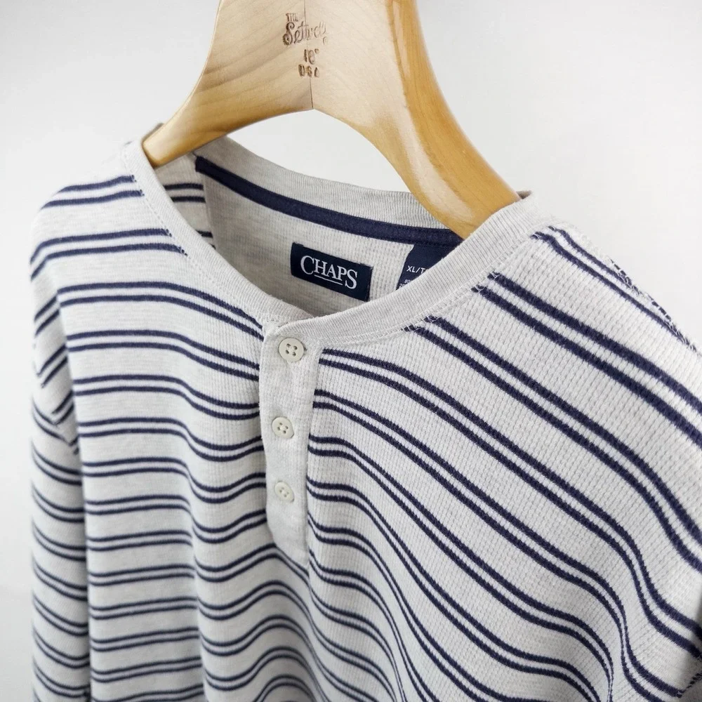 Chaps Ralph Lauren Men's XL Gray Blue Stripe Henley Shirt Long Sleeve *Pinhole